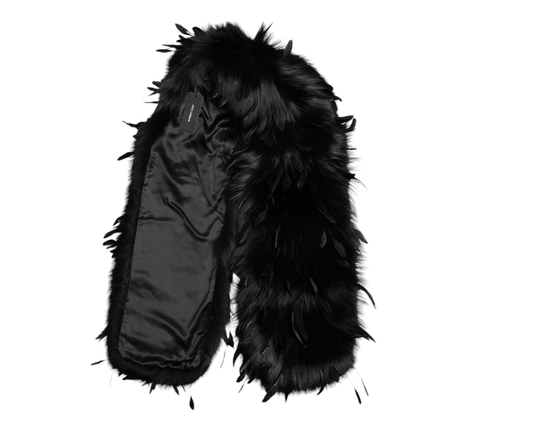 Dolce &amp; Gabbana Black Fox Rooster Feathers Neck Warmer Scarf