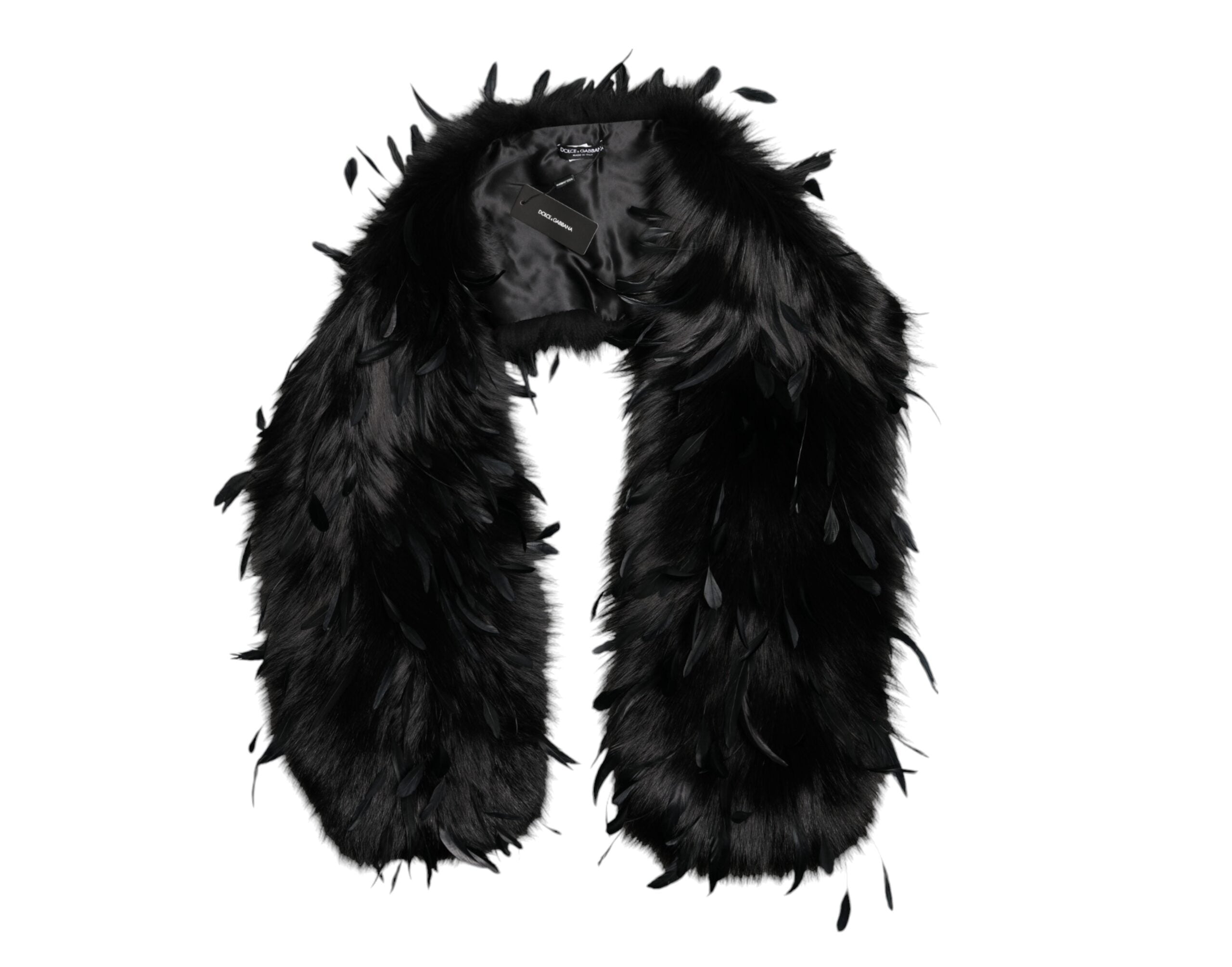 Dolce &amp; Gabbana Black Fox Rooster Feathers Neck Warmer Scarf