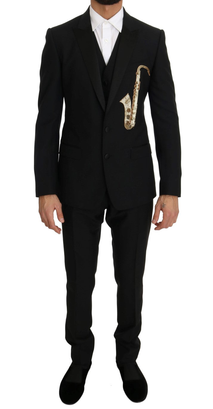 Dolce &amp; Gabbana Elegant Black Three-Piece Suit with Saxophone Embroidery