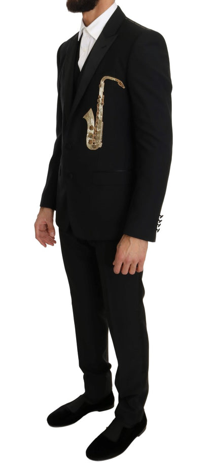 Dolce &amp; Gabbana Elegant Black Three-Piece Suit with Saxophone Embroidery