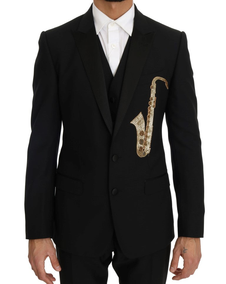 Dolce &amp; Gabbana Elegant Black Three-Piece Suit with Saxophone Embroidery