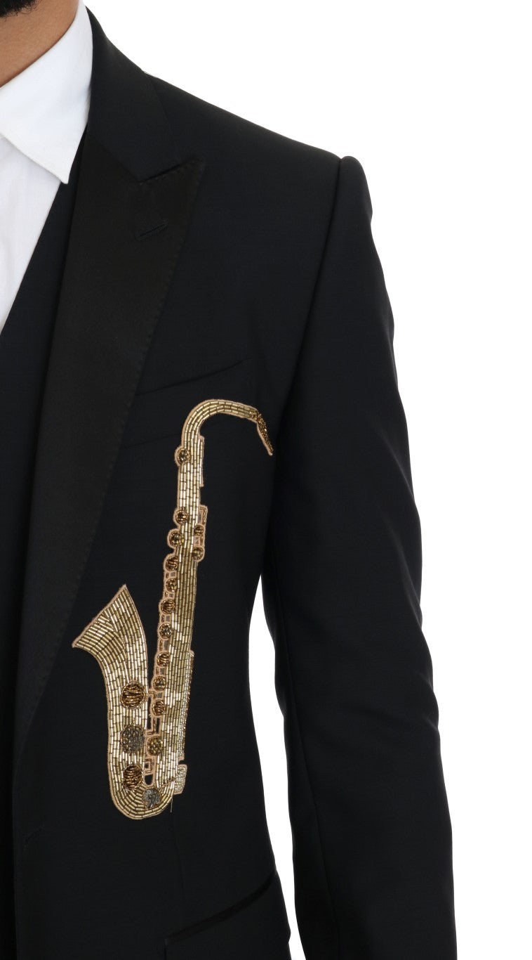 Dolce &amp; Gabbana Elegant Black Three-Piece Suit with Saxophone Embroidery