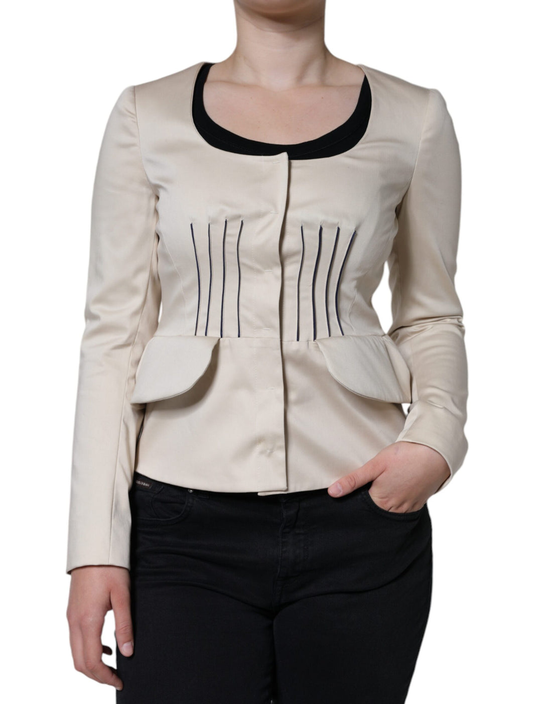 Valentino Beige Cotton Long Sleeves Round Neck Blazer Jacket