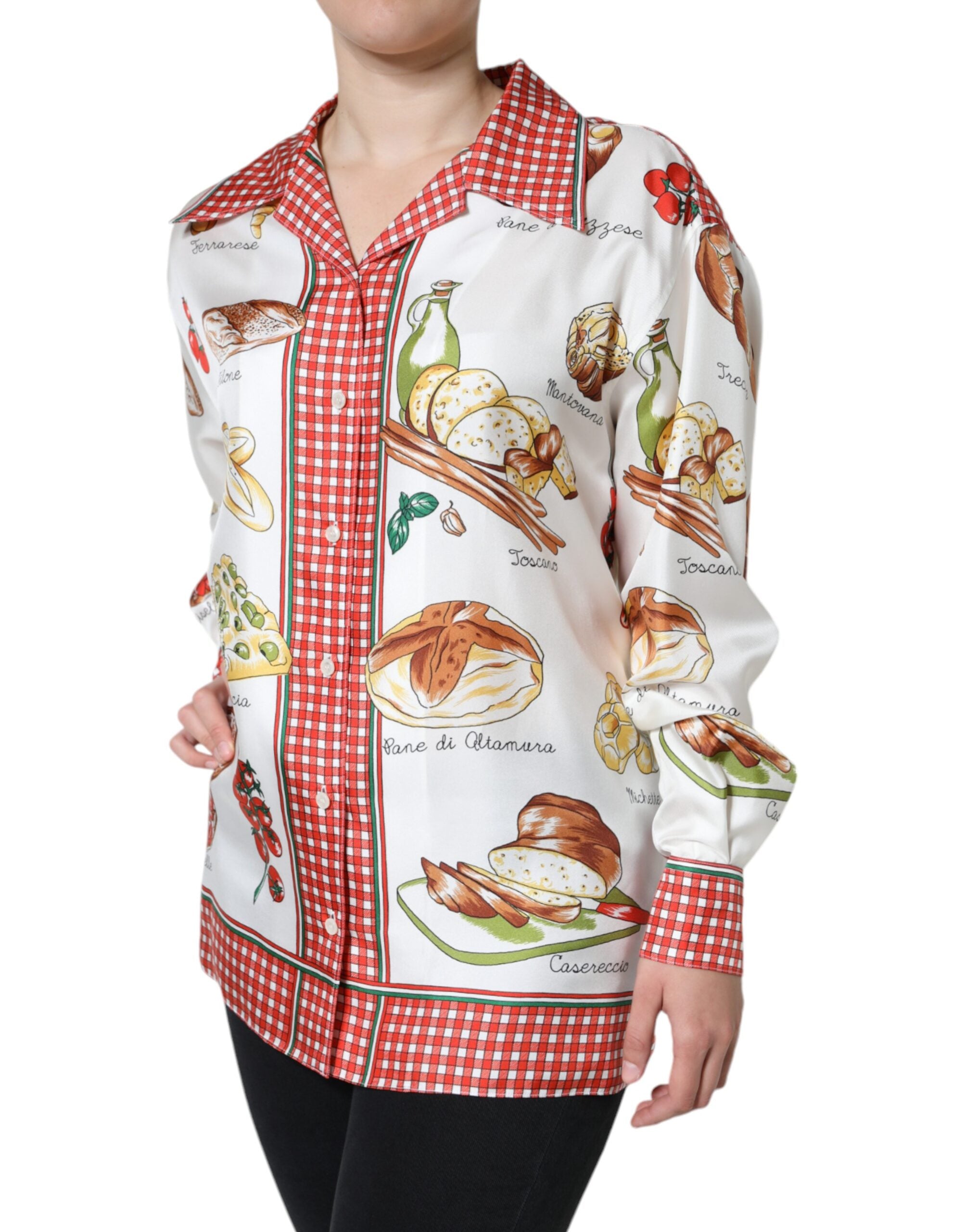 Dolce &amp; Gabbana Multicolor Bread Print Collared Blouse Top