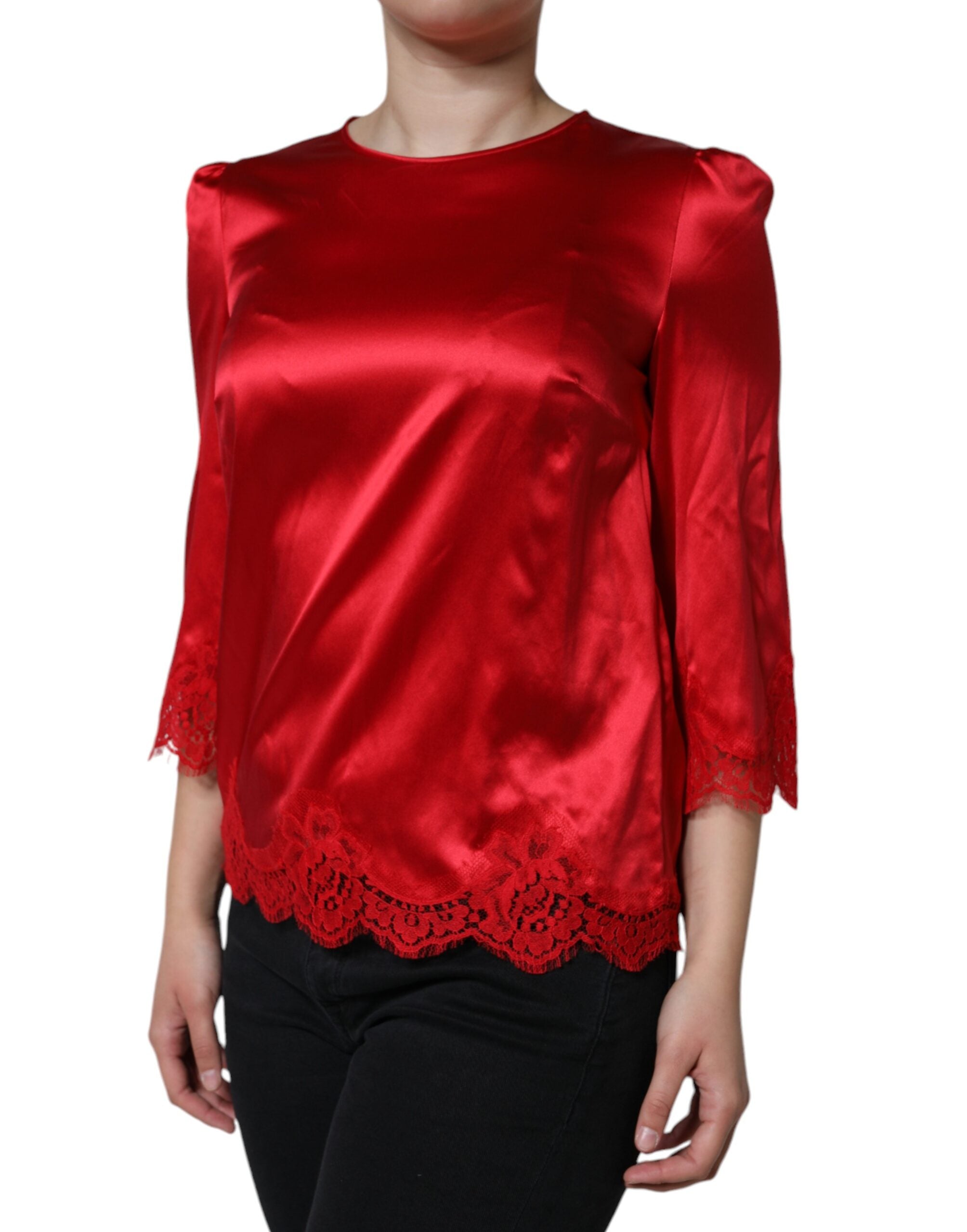 Dolce &amp; Gabbana Red Satin Lace Trim Round Neck Blouse Top