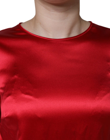 Dolce &amp; Gabbana Red Satin Lace Trim Round Neck Blouse Top