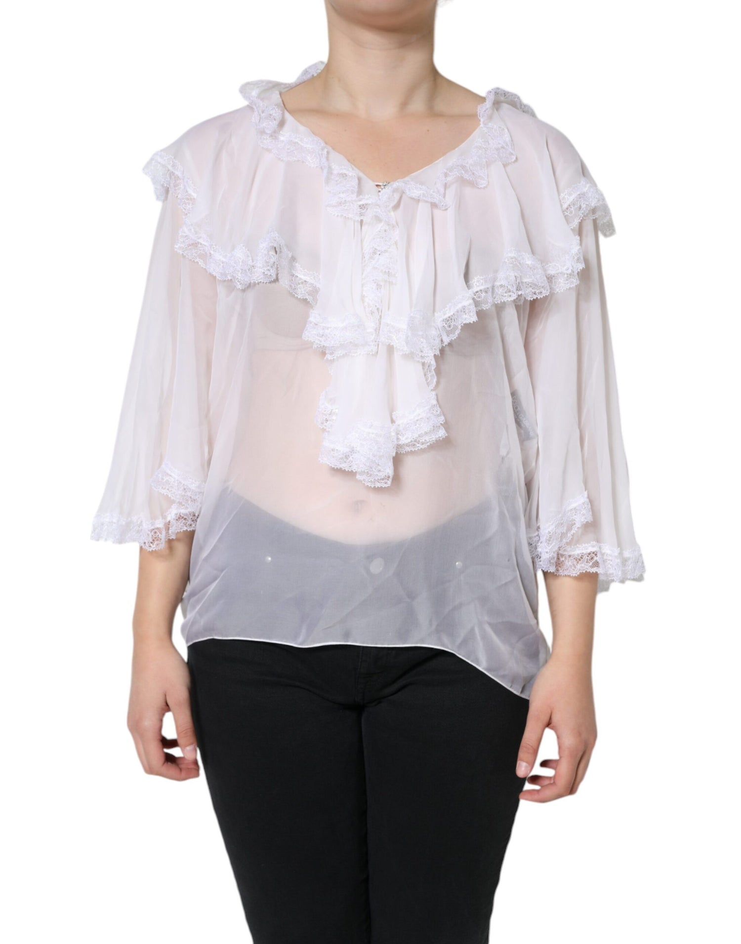 Dolce &amp; Gabbana White Ruffles Lace Long Sleeve Blouse Top