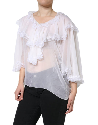 Dolce &amp; Gabbana White Ruffles Lace Long Sleeve Blouse Top