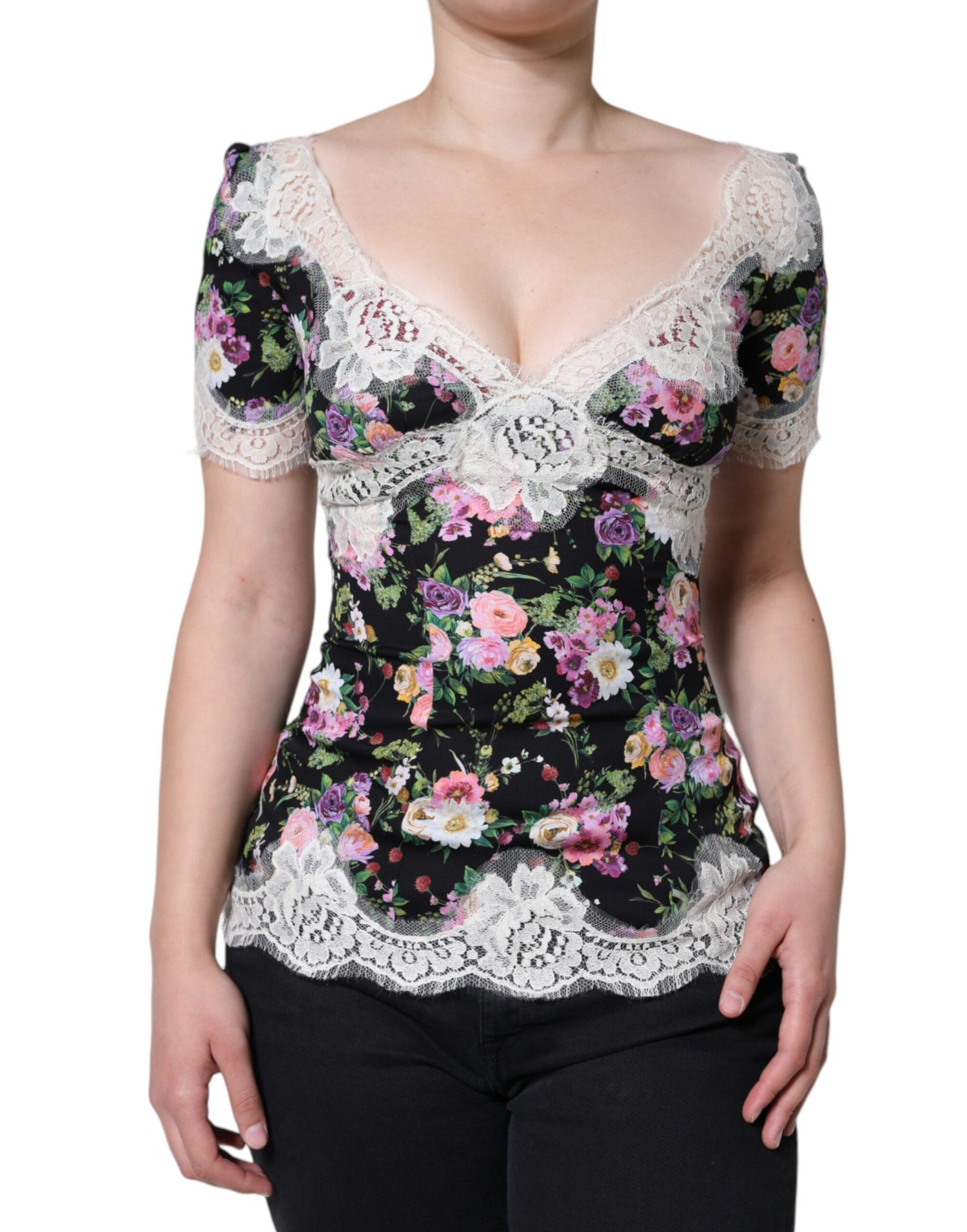 Dolce &amp; Gabbana Black Floral Lace Short Sleeves Blouse Top