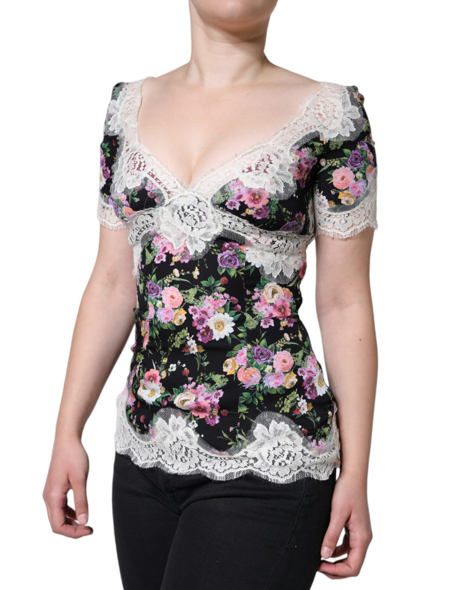 Dolce &amp; Gabbana Black Floral Lace Short Sleeves Blouse Top