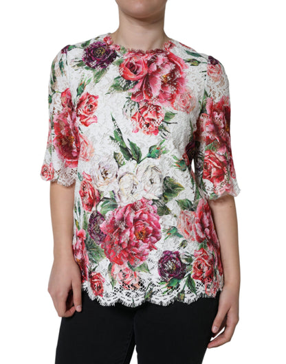 Dolce &amp; Gabbana White Peony Lace Short Sleeves Blouse Top