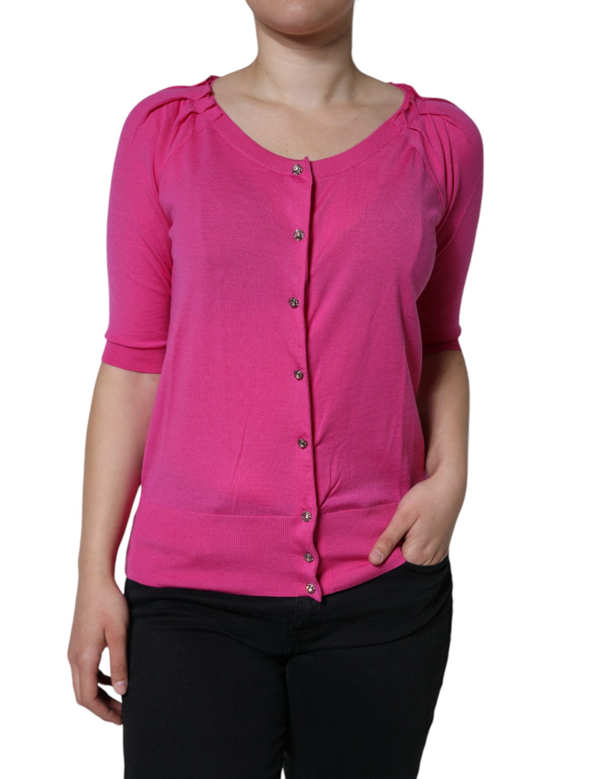 Dolce &amp; Gabbana Pink Wool Button Down Short Sleeve Blouse Top