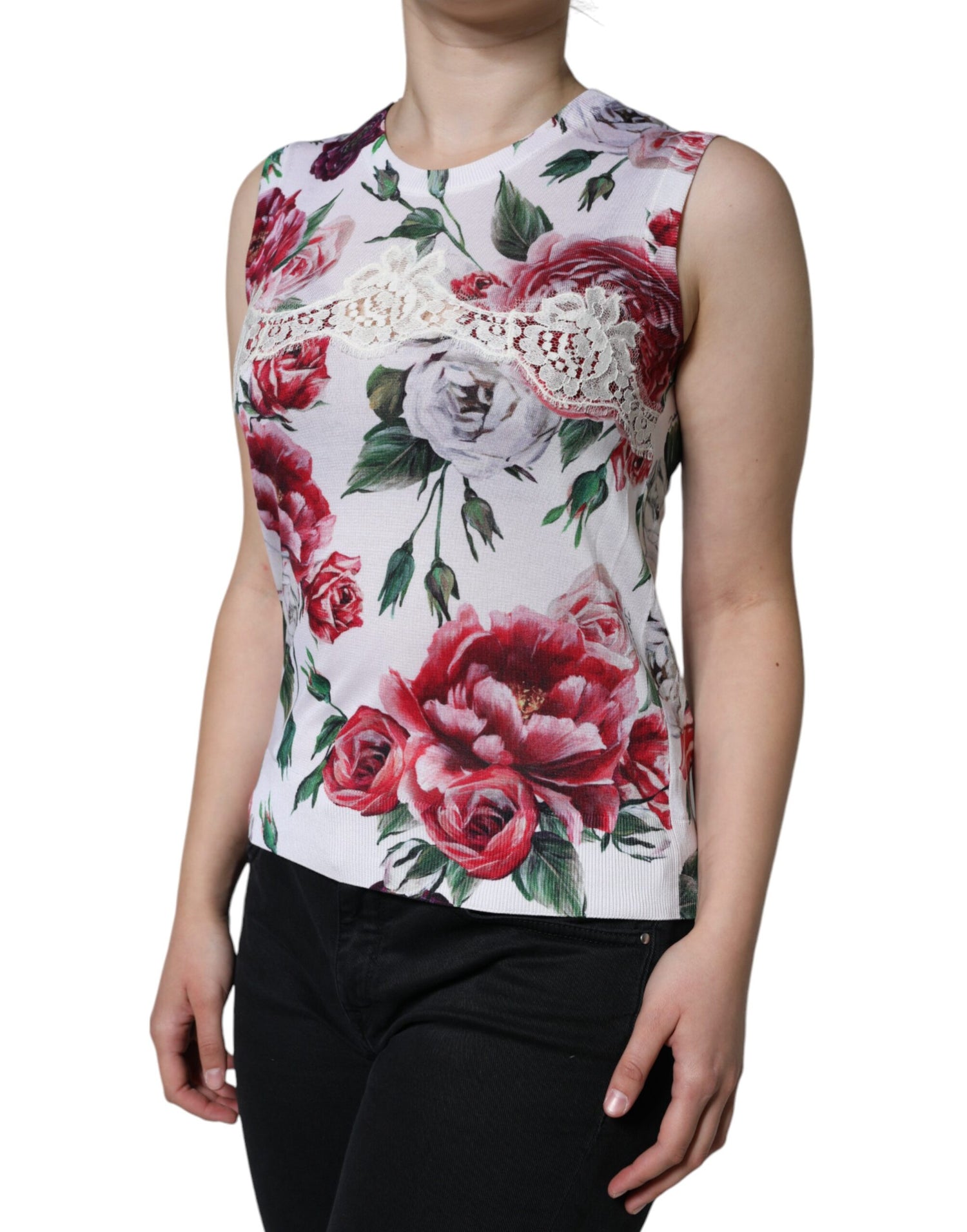 Dolce &amp; Gabbana White Floral Lace Silk Sleeveless Tank Top