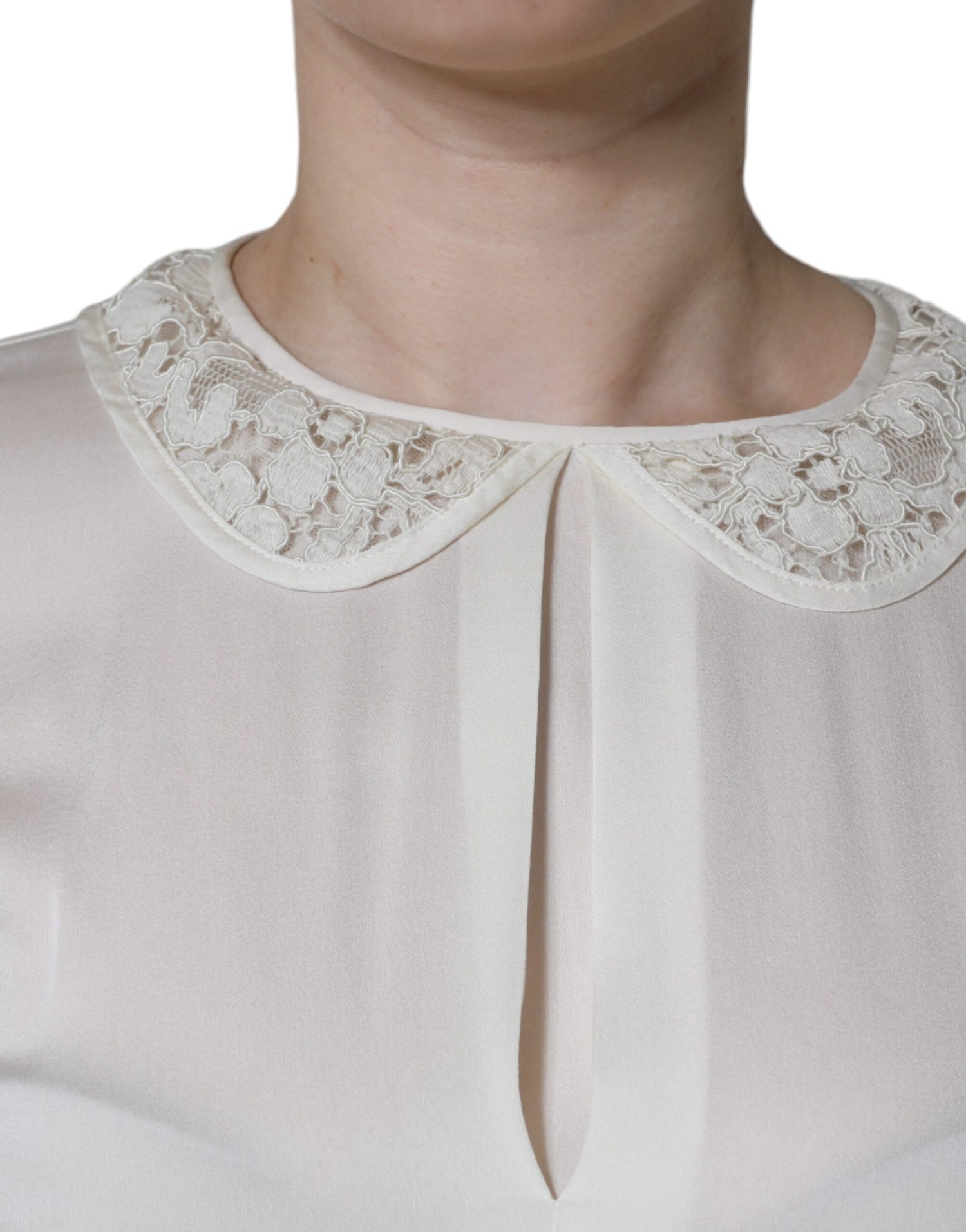 Dolce &amp; Gabbana Off White Silk Lace Trimmed 3/4 Sleeves Blouse Top