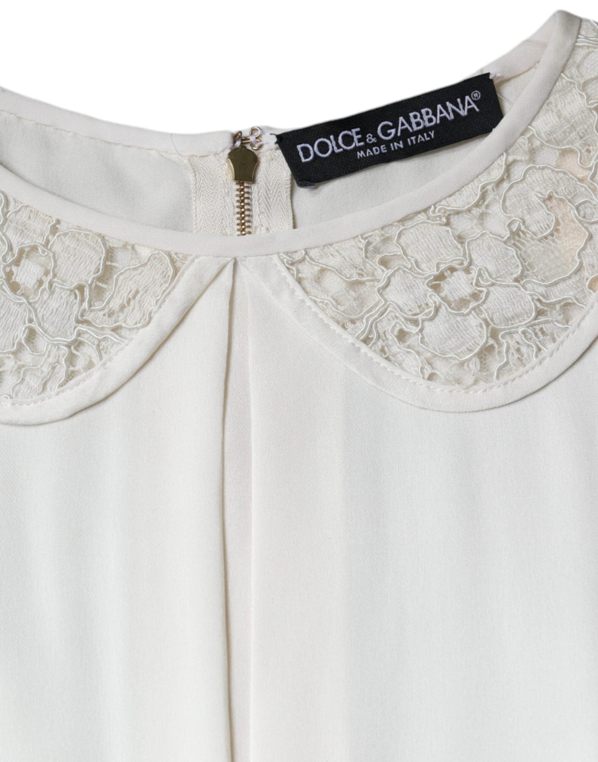 Dolce &amp; Gabbana Off White Silk Lace Trimmed 3/4 Sleeves Blouse Top