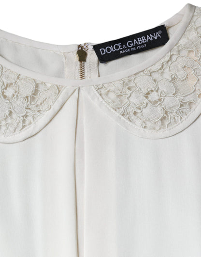 Dolce &amp; Gabbana Off White Silk Lace Trimmed 3/4 Sleeves Blouse Top