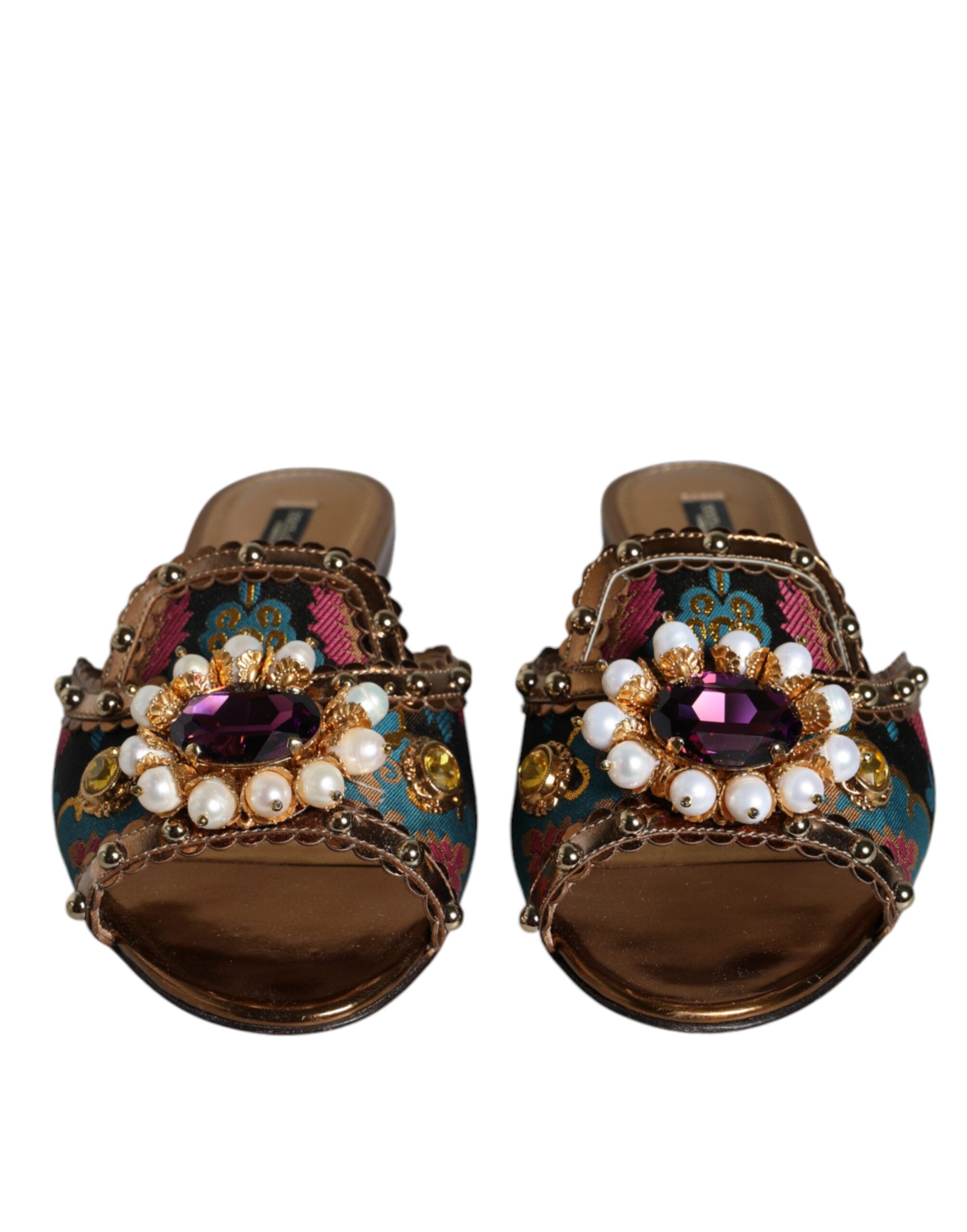 Dolce &amp; Gabbana Multicolor Jacquard Embellished Slides Flats Shoes