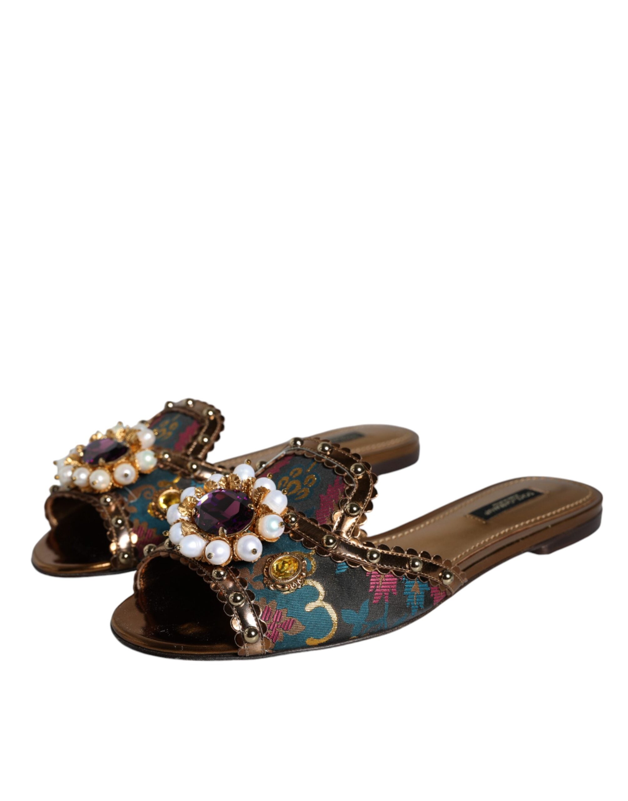 Dolce &amp; Gabbana Multicolor Jacquard Embellished Slides Flats Shoes