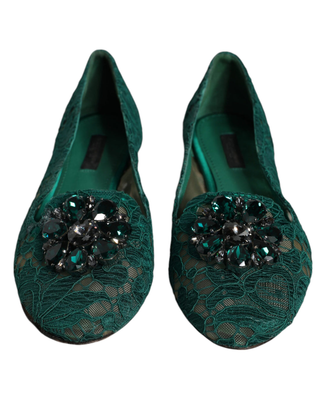 Dolce &amp; Gabbana Green Lace Crystal Ballet Flats Loafers Shoes