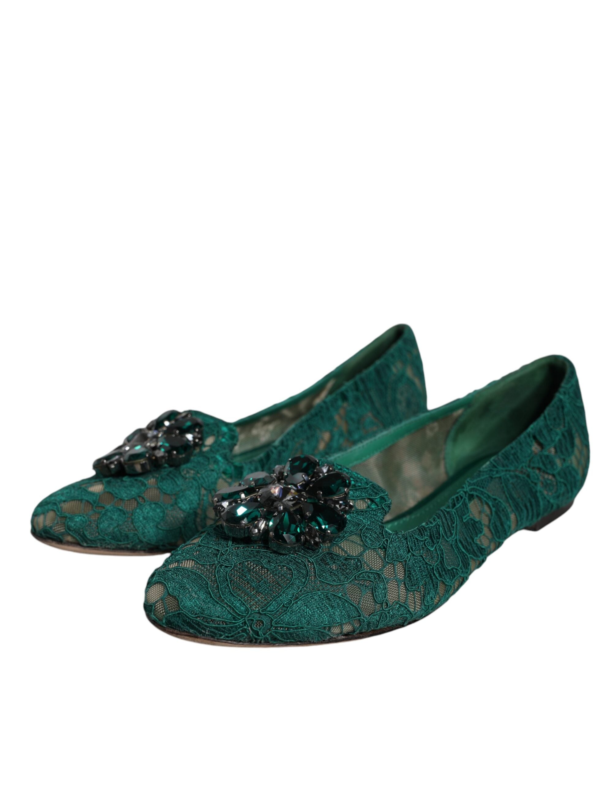 Dolce &amp; Gabbana Green Lace Crystal Ballet Flats Loafers Shoes