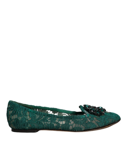 Dolce &amp; Gabbana Green Lace Crystal Ballet Flats Loafers Shoes