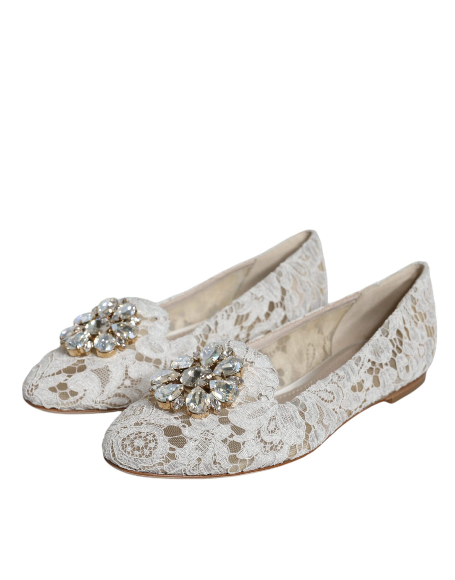 Dolce &amp; Gabbana White Lace Crystal Ballet Flats Loafers Shoes