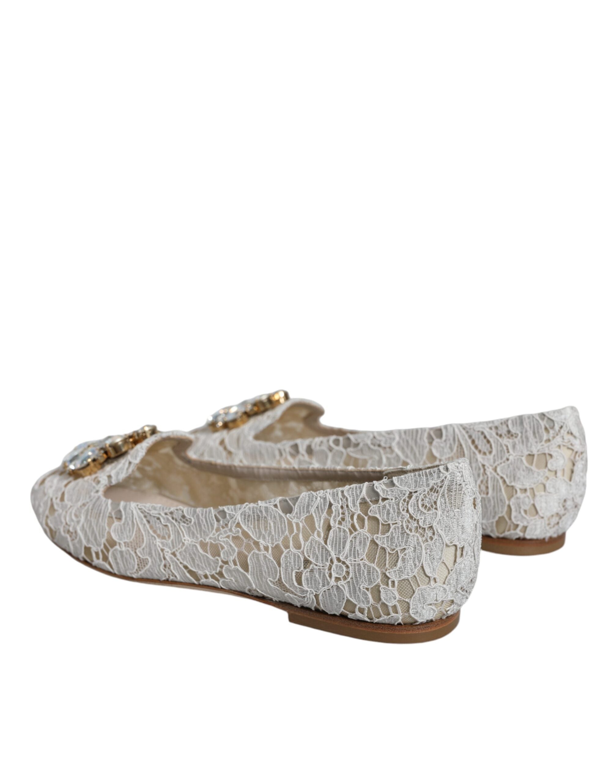 Dolce &amp; Gabbana White Lace Crystal Ballet Flats Loafers Shoes