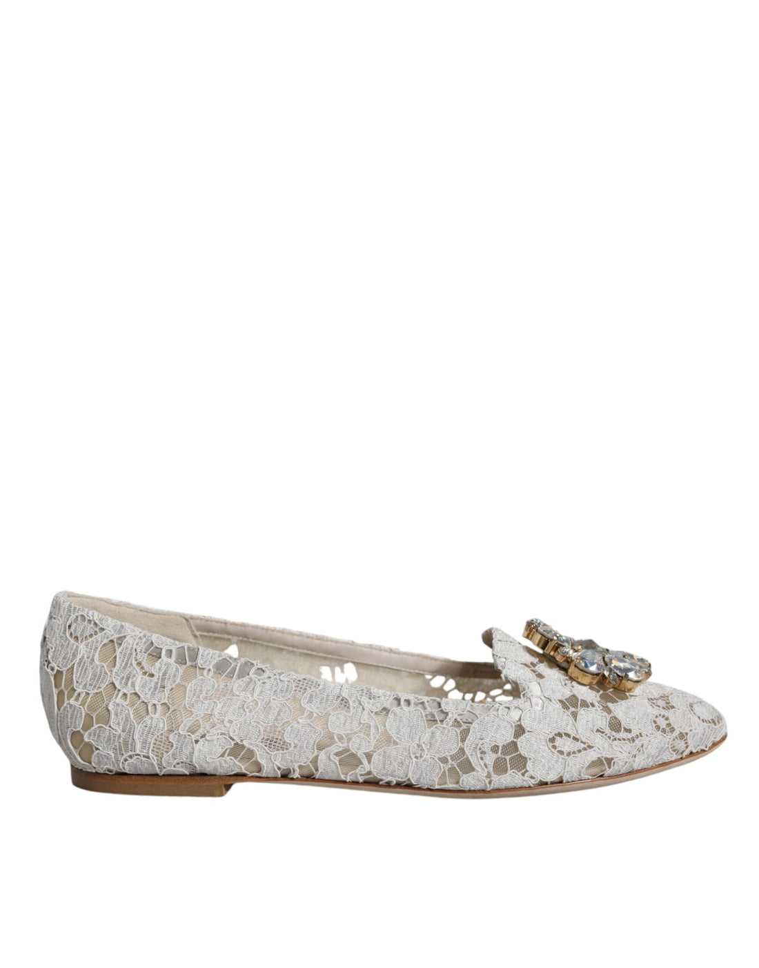 Dolce &amp; Gabbana White Lace Crystal Ballet Flats Loafers Shoes