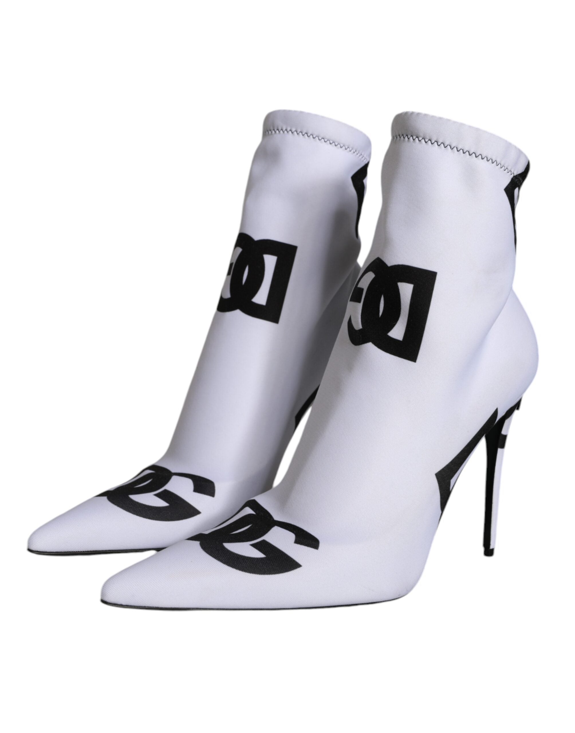 Dolce &amp; Gabbana White Logo Stretch Heels Ankle Boots Shoes