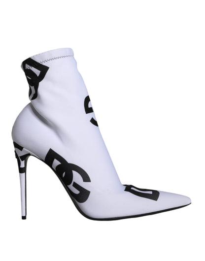 Dolce &amp; Gabbana White Logo Stretch Heels Ankle Boots Shoes