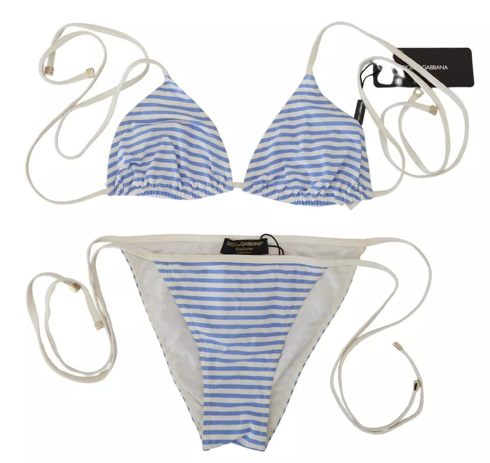 Dolce &amp; Gabbana White Blue Stripes Bikini Top Bottom Beachwear Swimwear