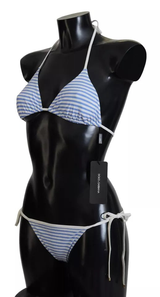 Dolce &amp; Gabbana White Blue Stripes Bikini Top Bottom Beachwear Swimwear