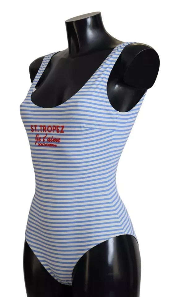 Dolce &amp; Gabbana White Blue Stripes One Piece Beachwear Swimwear