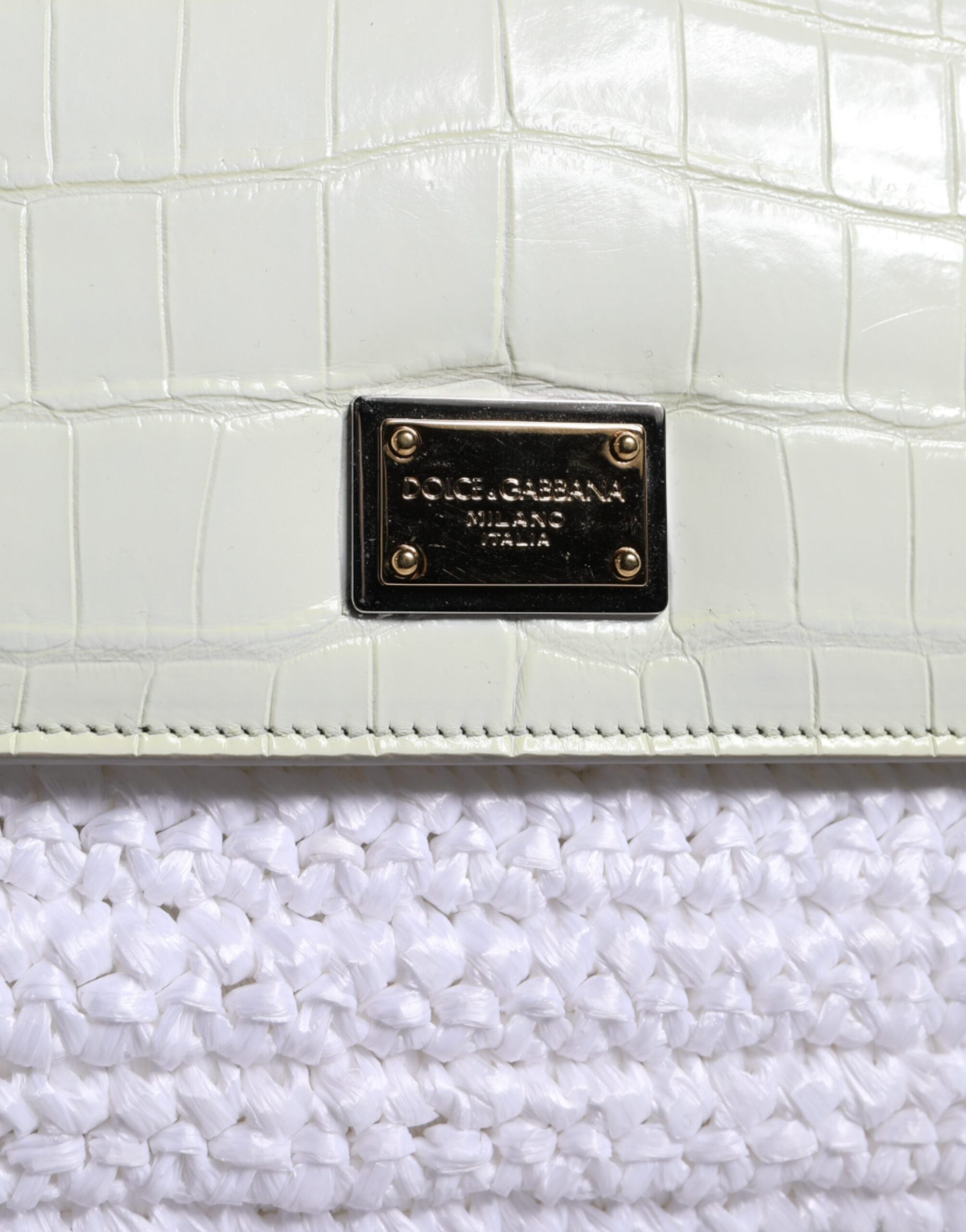 Dolce &amp; Gabbana White Rafia Leather Top Handle Crossbody Bag