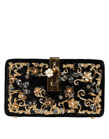 Dolce &amp; Gabbana Black Velvet Floral Crystal Clutch Evening Purse Bag