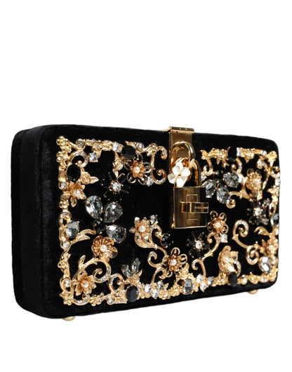 Dolce &amp; Gabbana Black Velvet Floral Crystal Clutch Evening Purse Bag