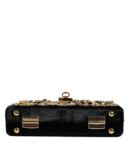 Dolce &amp; Gabbana Black Velvet Floral Crystal Clutch Evening Purse Bag