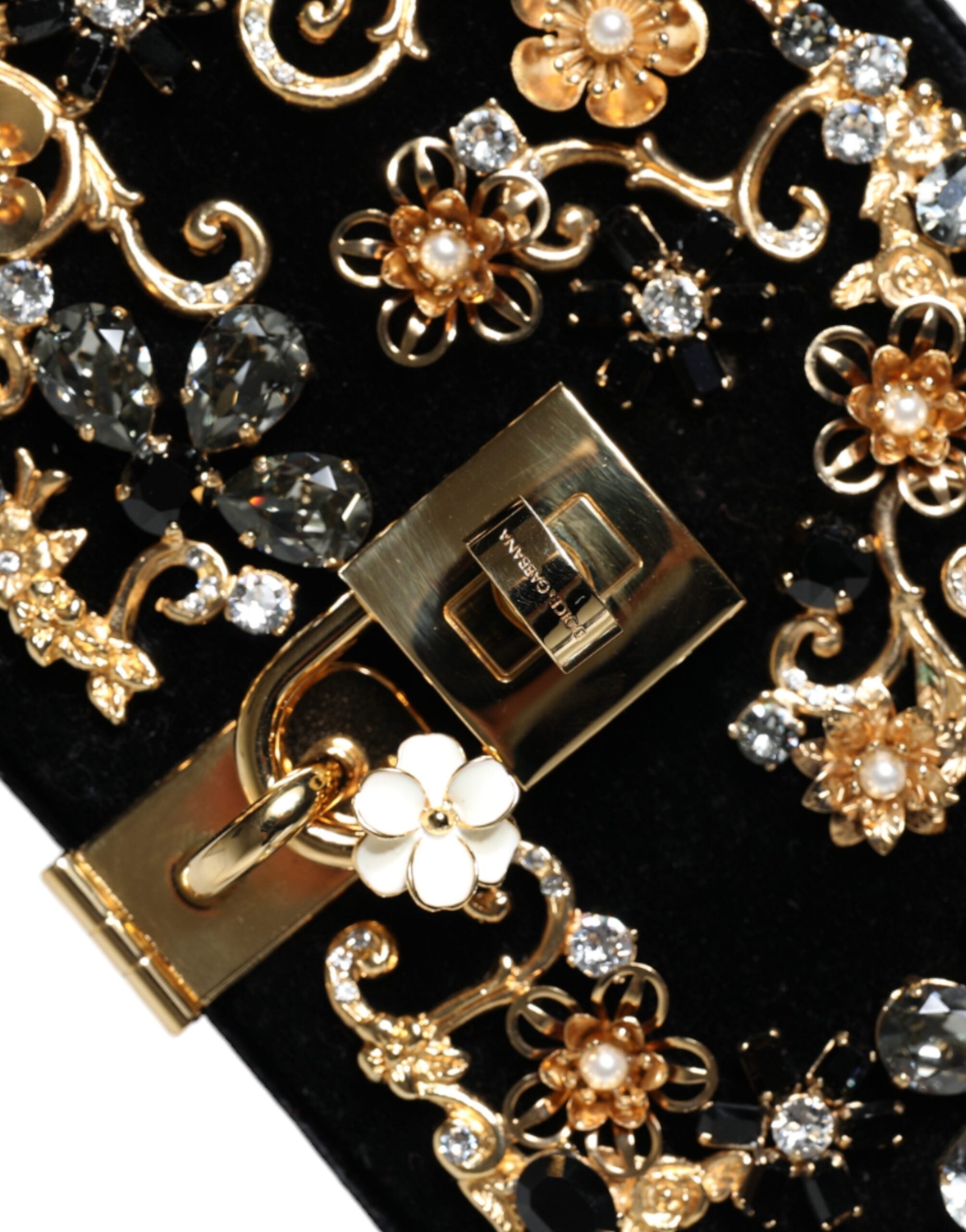 Dolce &amp; Gabbana Black Velvet Floral Crystal Clutch Evening Purse Bag