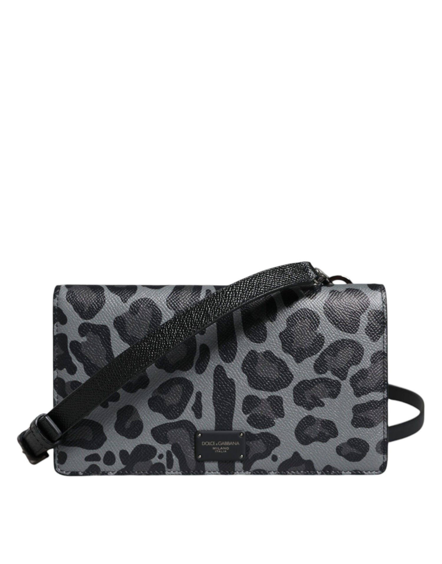 Dolce &amp; Gabbana Black Gray Leopard Leather Bifold Card Slot Crossbody Bag