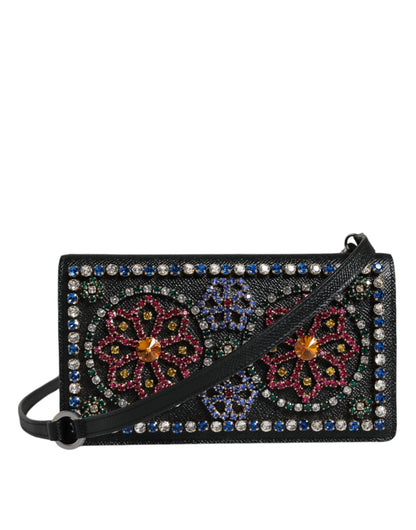 Dolce &amp; Gabbana Black Leather Crystal Shoulder Crossbody Clutch Bag