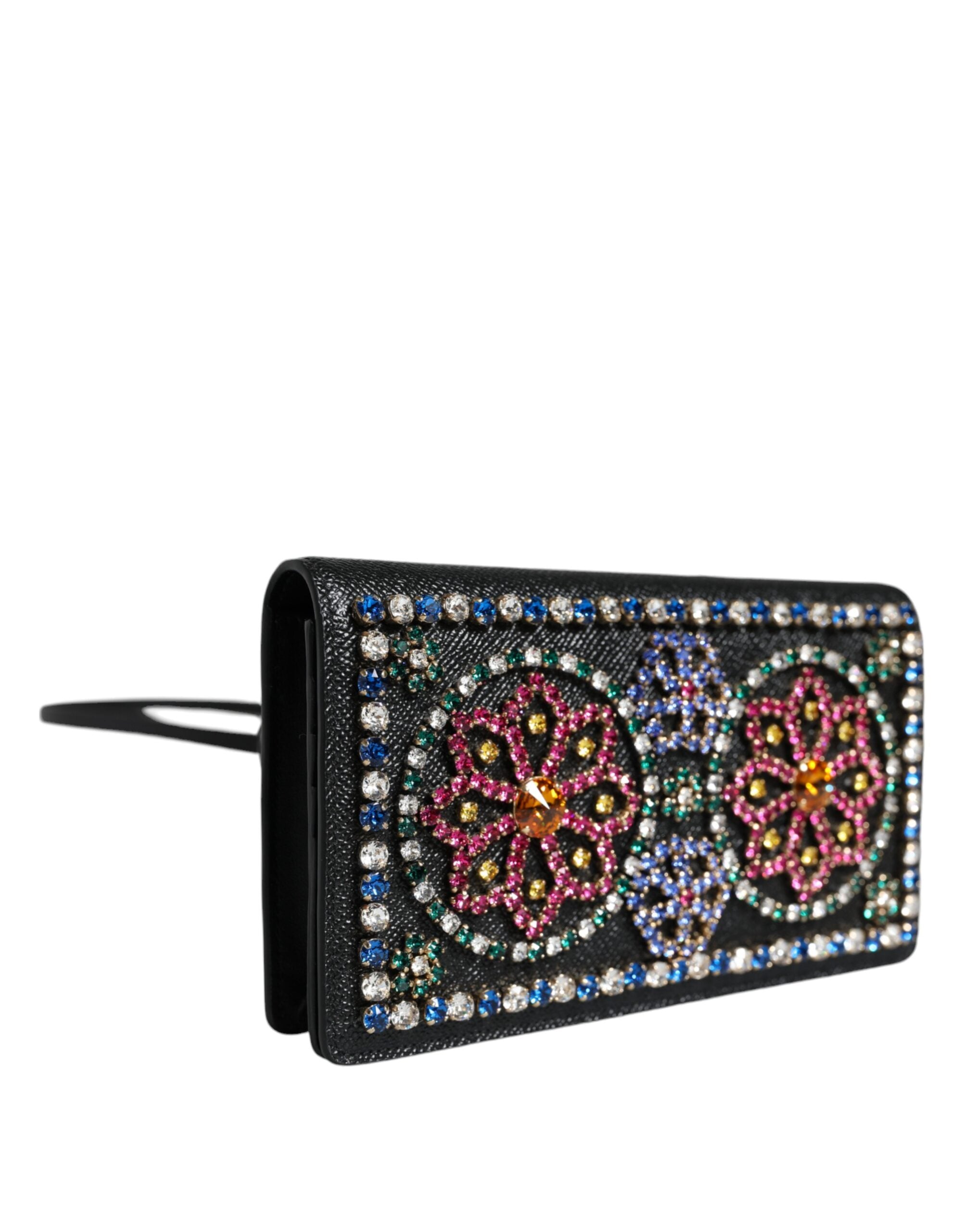 Dolce &amp; Gabbana Black Leather Crystal Shoulder Crossbody Clutch Bag