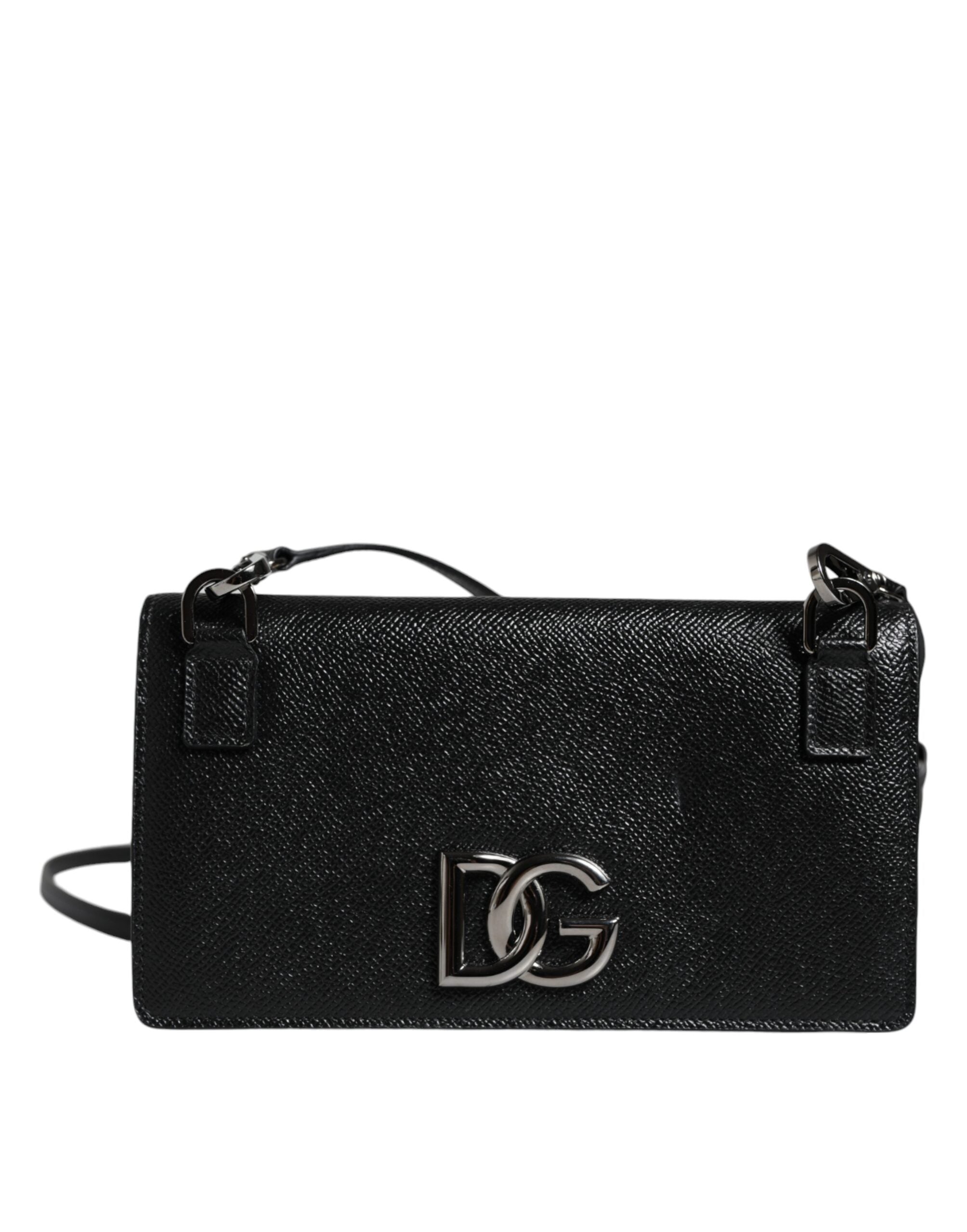 Dolce &amp; Gabbana Black Leather Crystal Shoulder Crossbody Clutch Bag