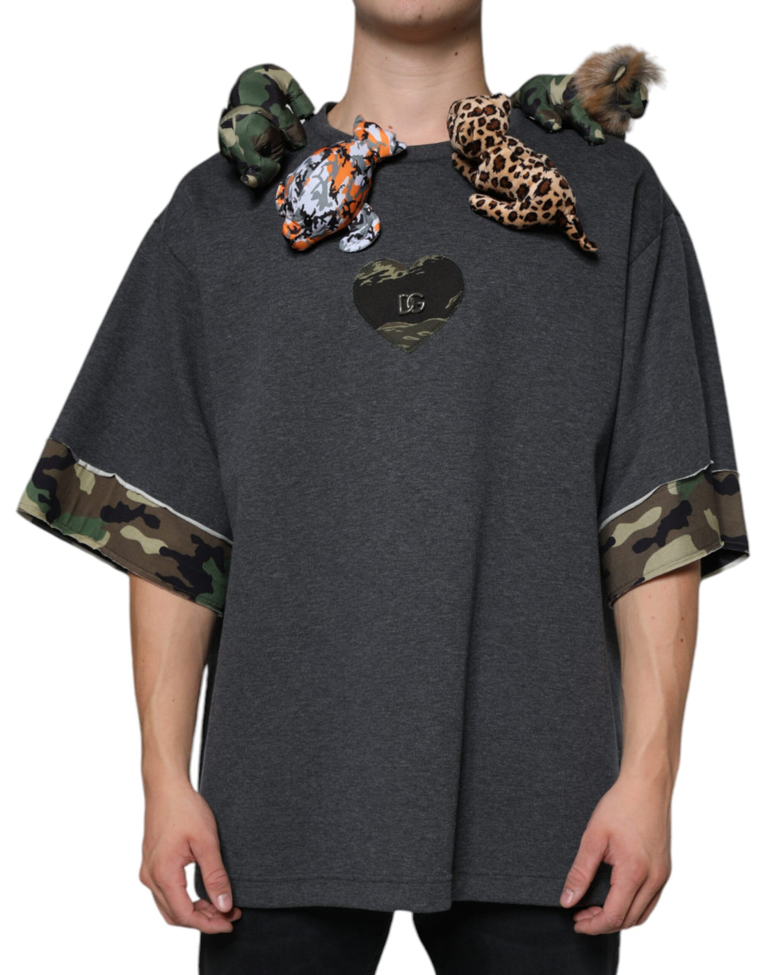 Dolce &amp; Gabbana Gray Camouflage Animal Stuff Cotton T-shirt