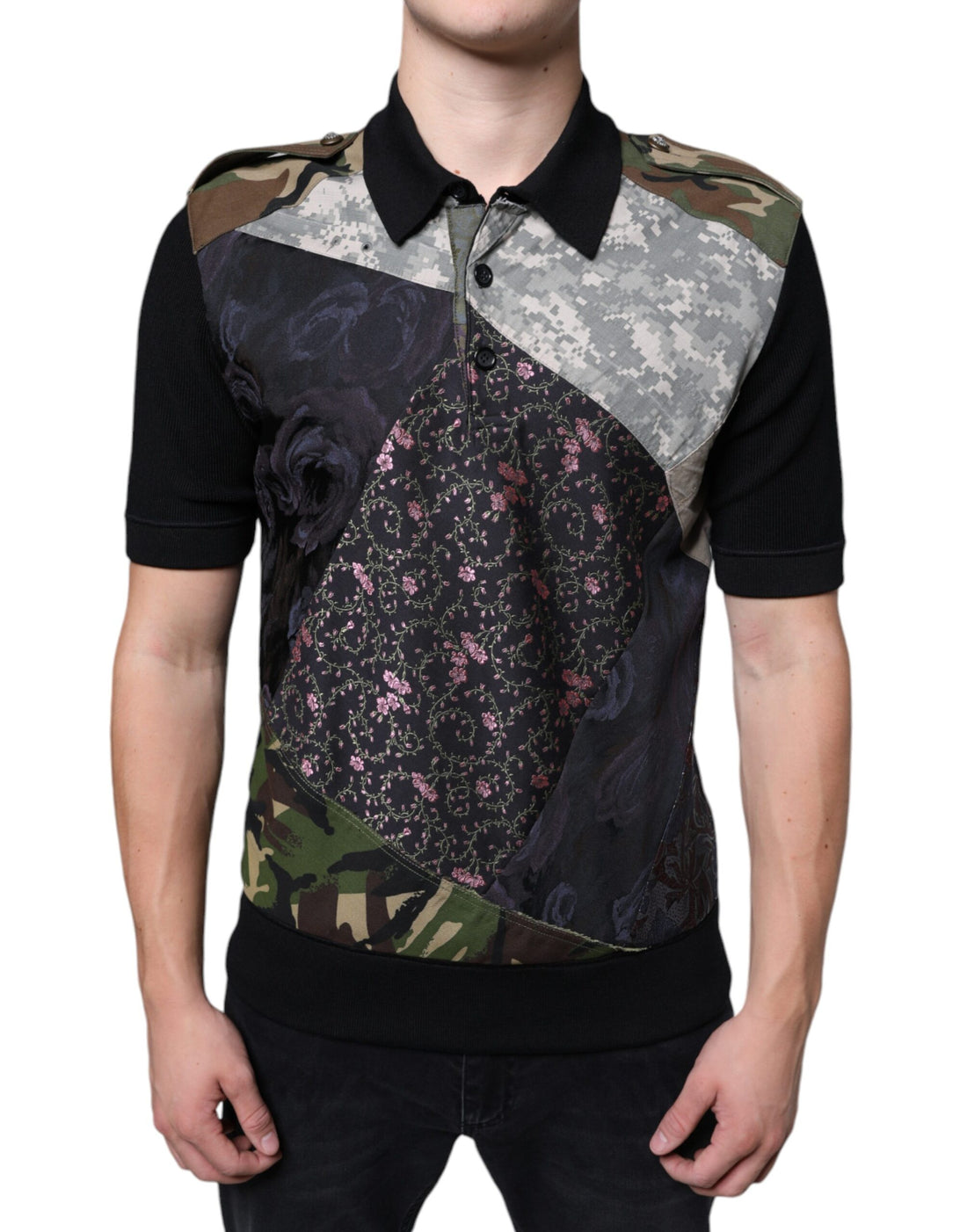 Dolce &amp; Gabbana Multicolor Camouflage Patchwork Silk Polo T-shirt