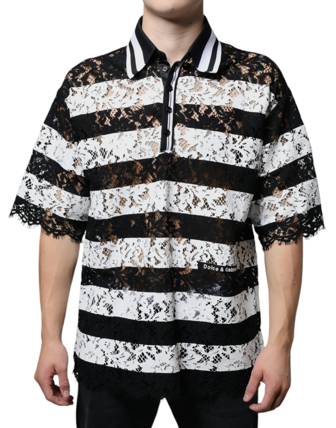 Dolce &amp; Gabbana Black White Stripes Lace Collared Polo T-shirt