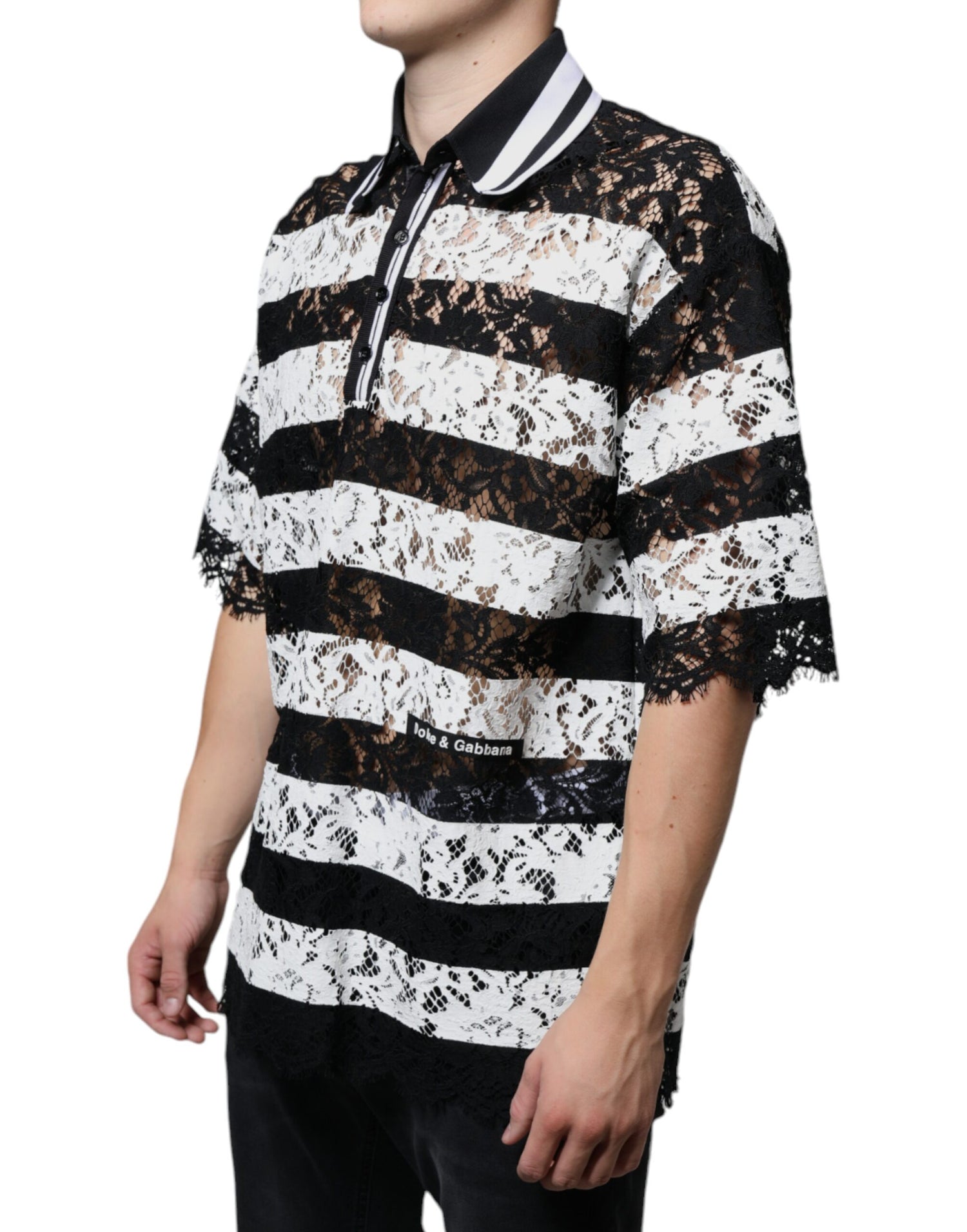 Dolce &amp; Gabbana Black White Stripes Lace Collared Polo T-shirt