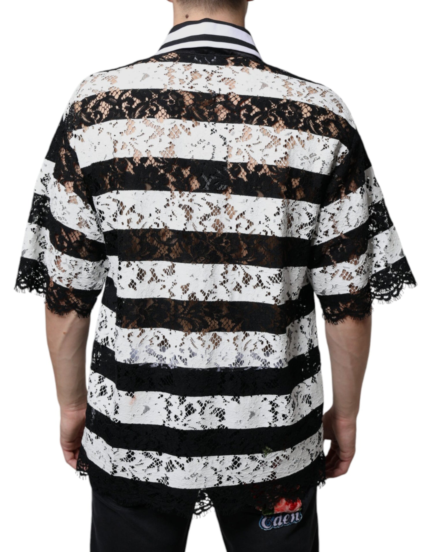 Dolce &amp; Gabbana Black White Stripes Lace Collared Polo T-shirt