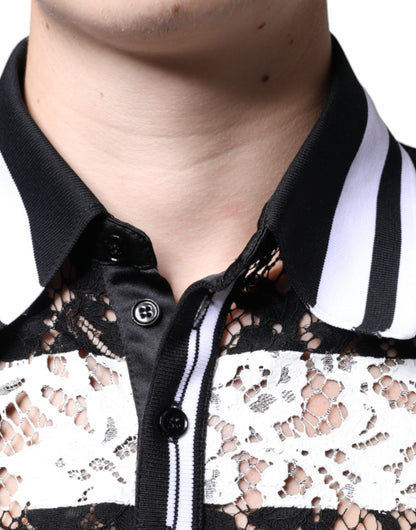 Dolce &amp; Gabbana Black White Stripes Lace Collared Polo T-shirt