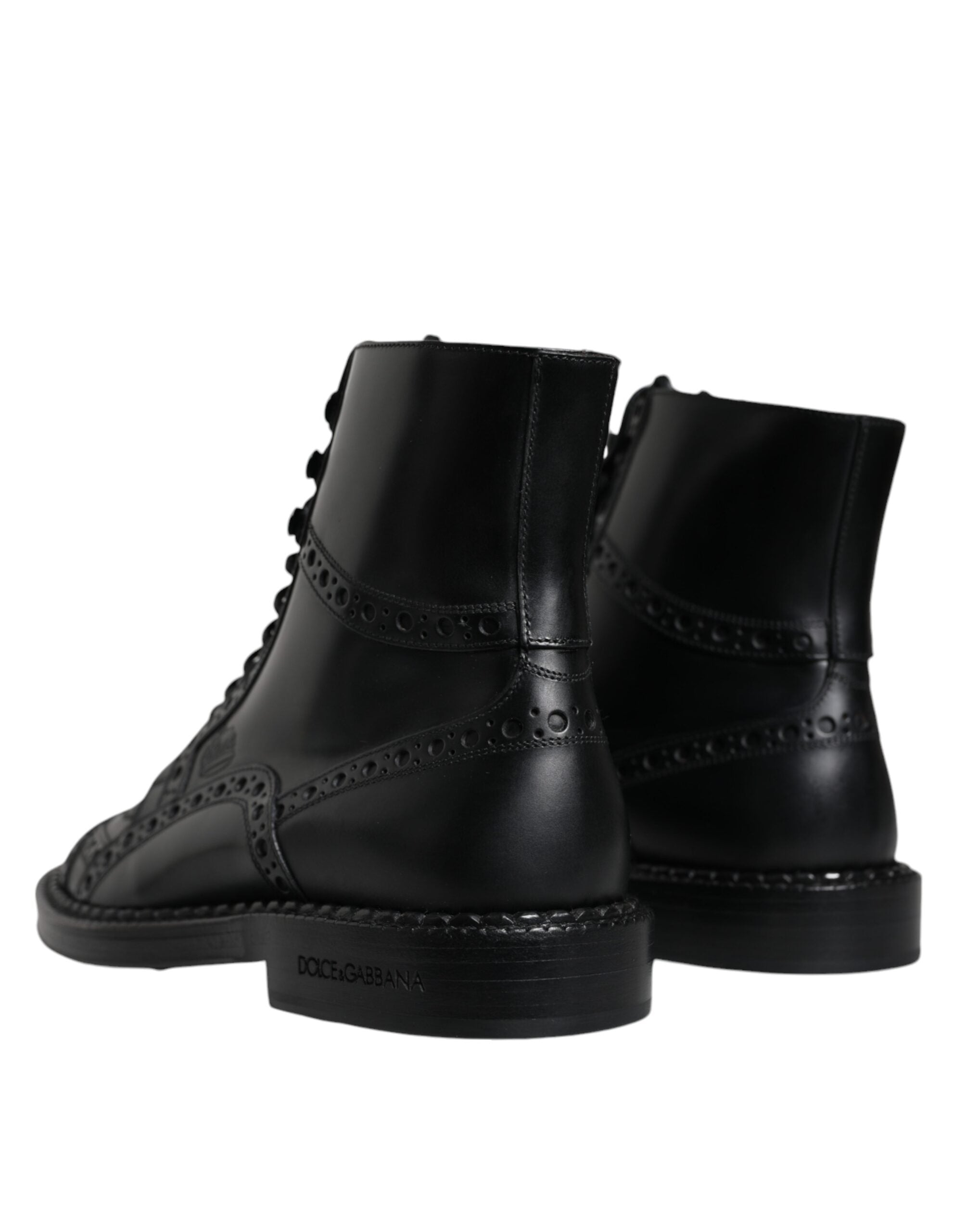 Dolce &amp; Gabbana Black Leather Lace Up Mid Calf Boots Shoes