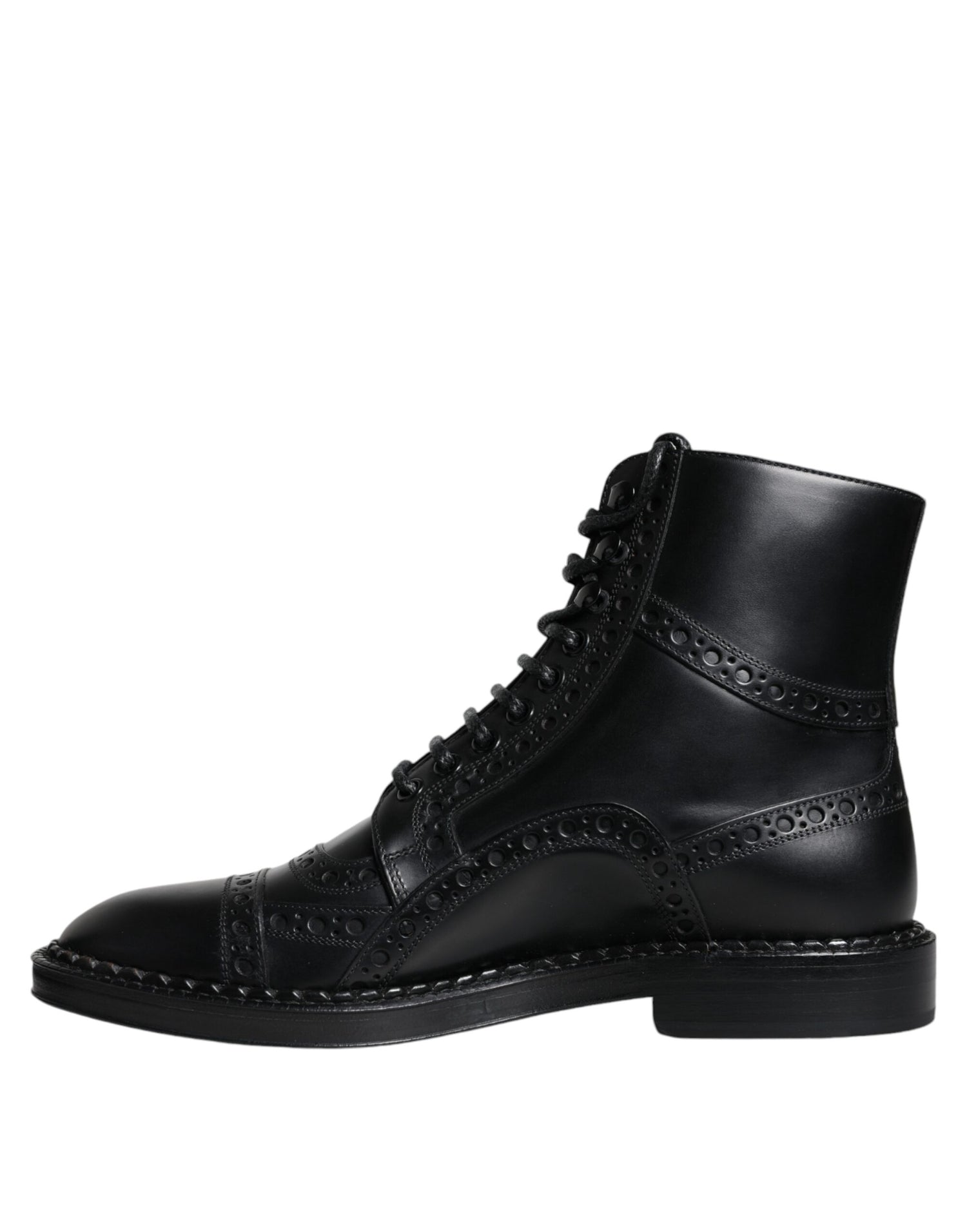 Dolce &amp; Gabbana Black Leather Lace Up Mid Calf Boots Shoes